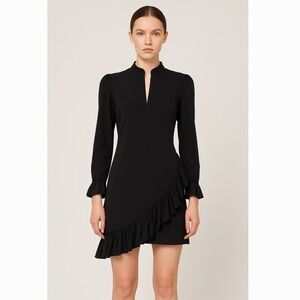 Karen Walker Black Silk Asymmetrical Ruffle Hem Mini Dress Size 2 Goth‎ Romantic